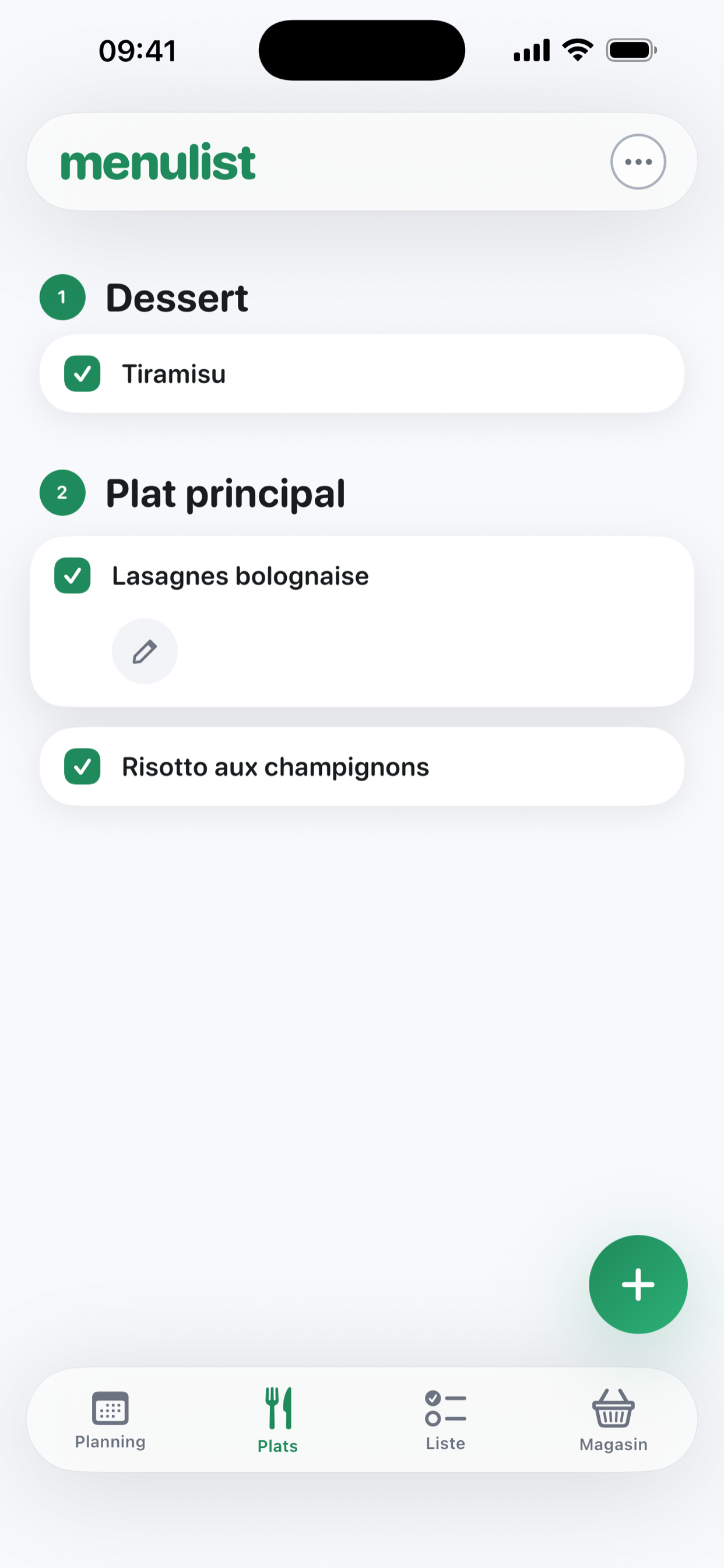 Choix des repas dans le carnet de recettes
