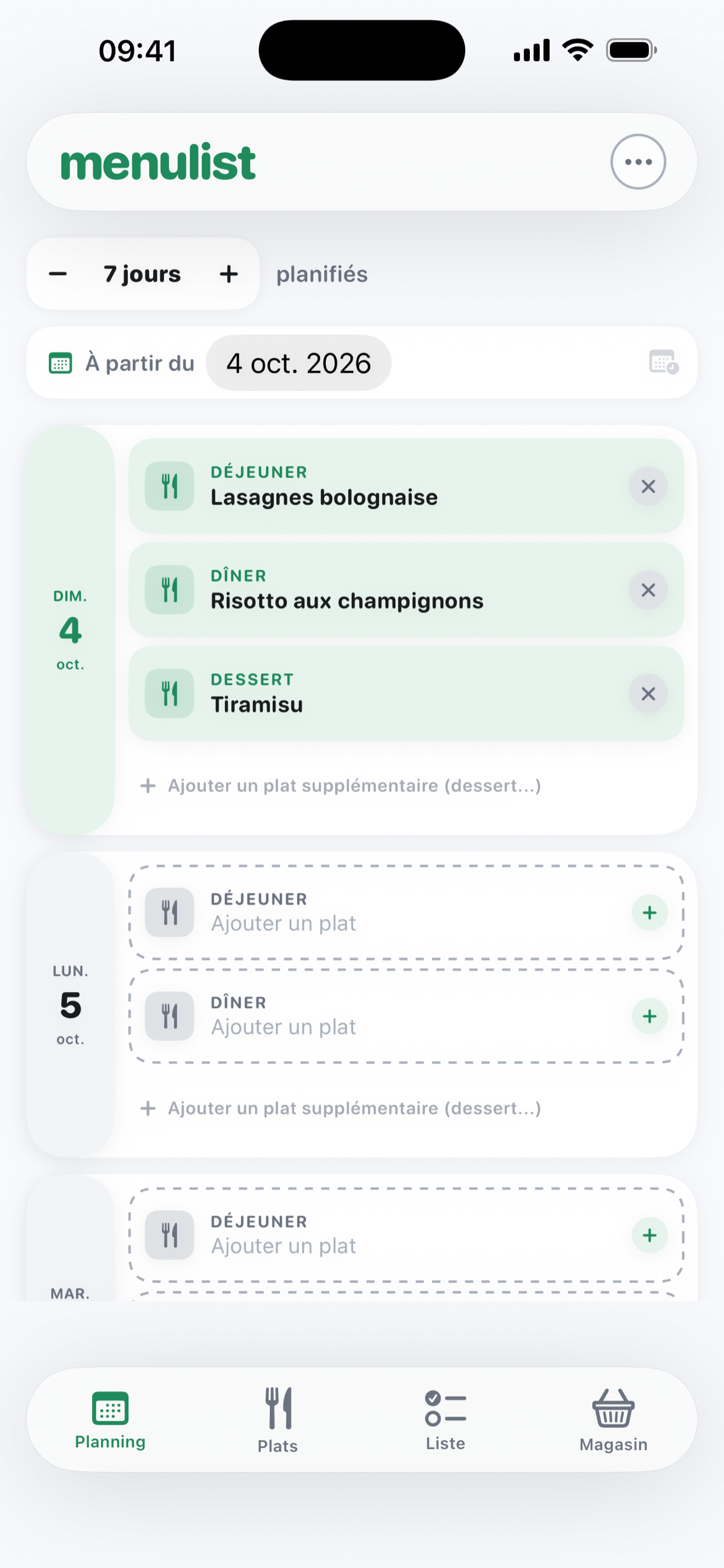 Écran du planificateur de repas hebdomadaire Menulist