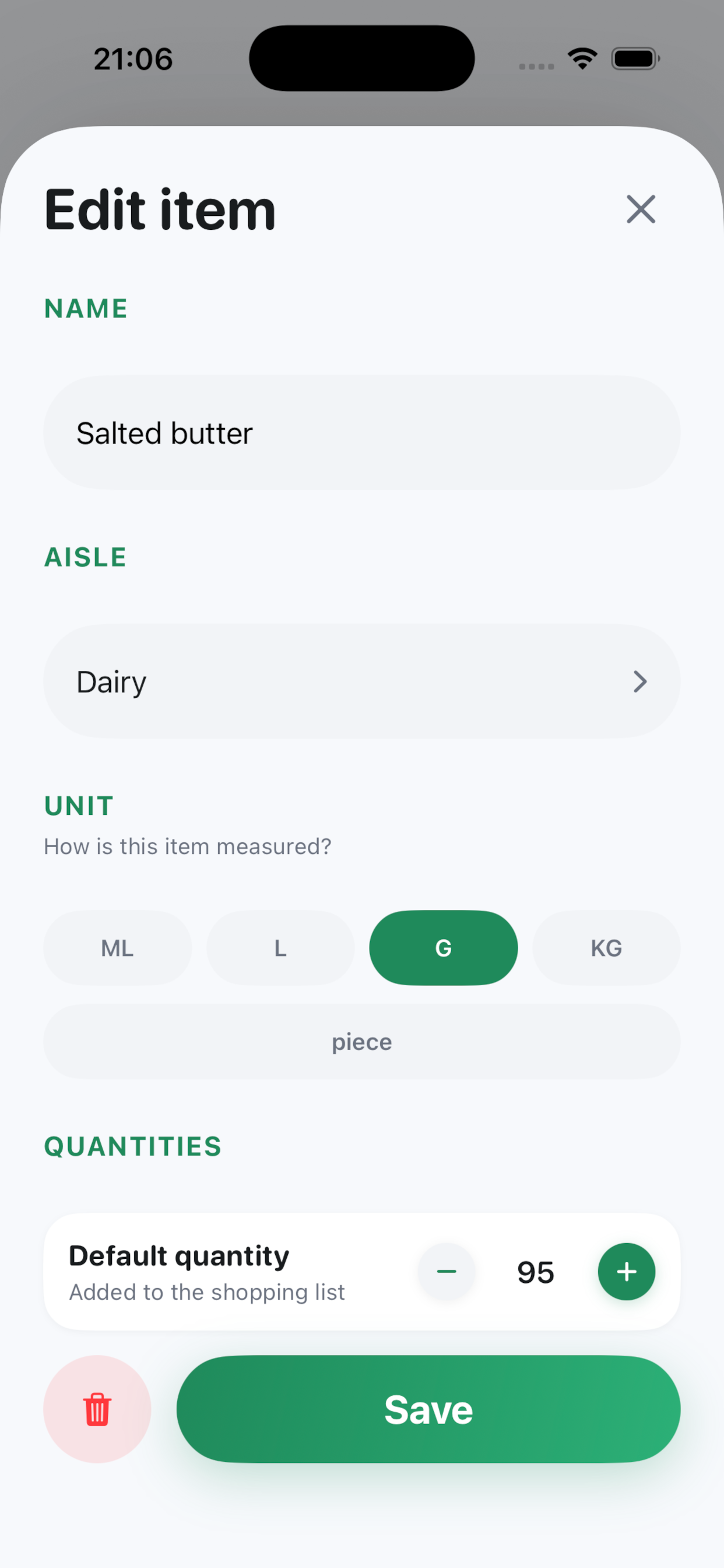Item edit screen