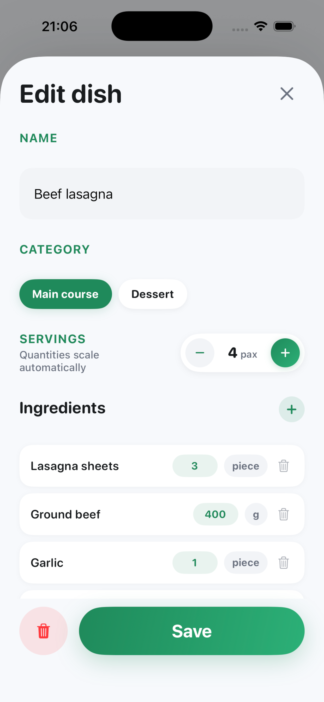 Meal edit screen