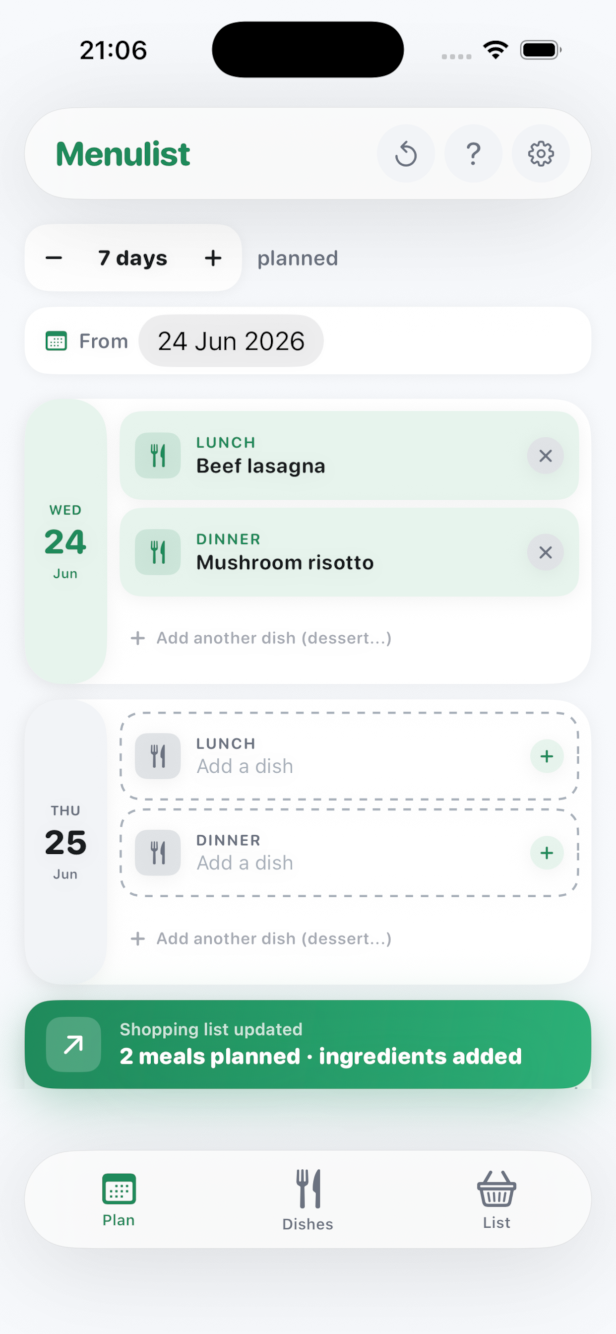 Menulist weekly meal planner screen