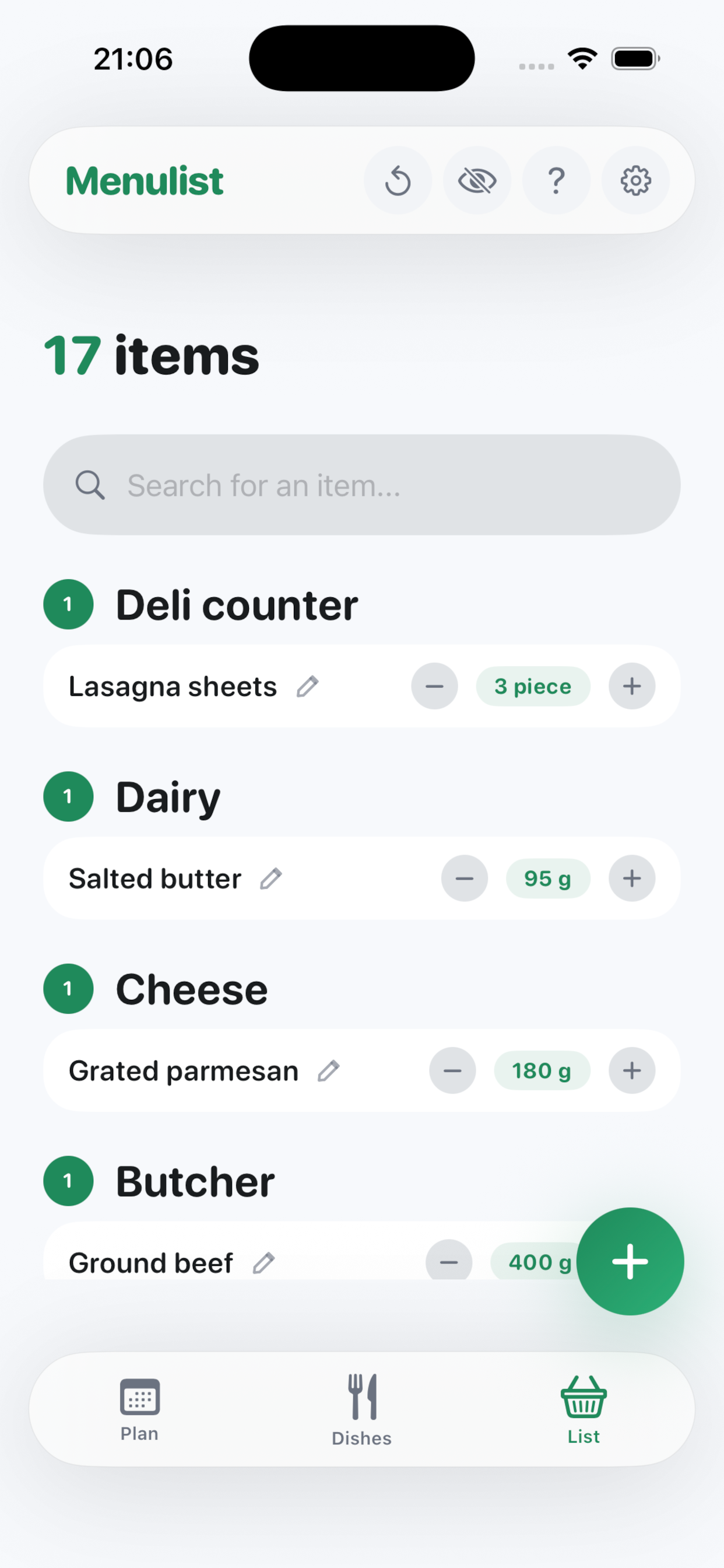 Shopping list grouped by aisle